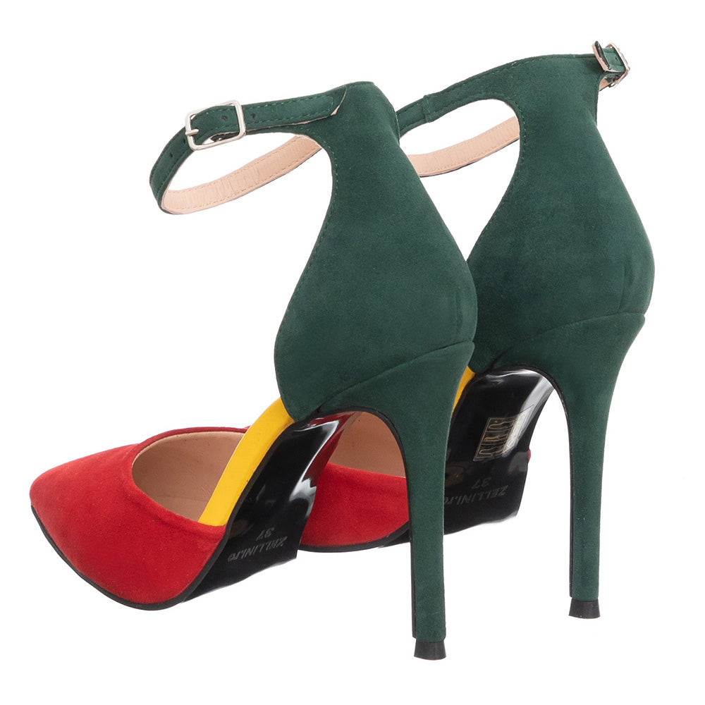 ZELLINI Pantofi, Piele Intoarsa, Verde cu Rosu, XOXO 115